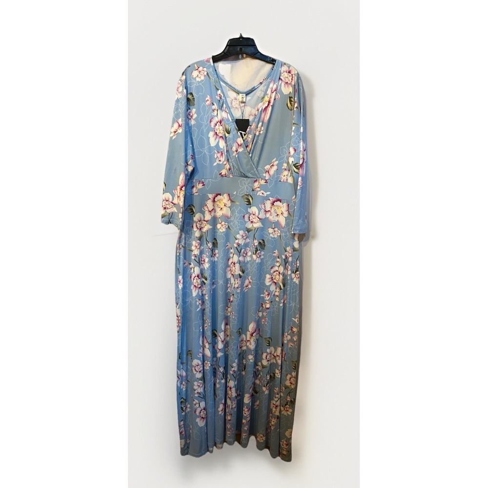 POSESHE Womens Size XXL Light Blue Floral Print SOFT Long Dress Long Sleeves NEW